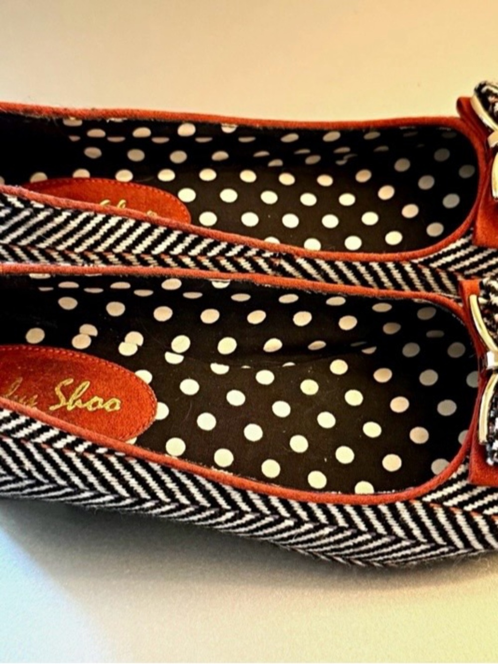 Polka Dot-Insole Herringbone Ballet Flats with Orange Trim
